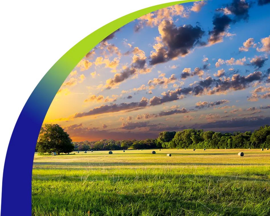 Scenic rural landscape at sunset with open pasture, hay bales, and tree-lined horizon under a colorful sky.